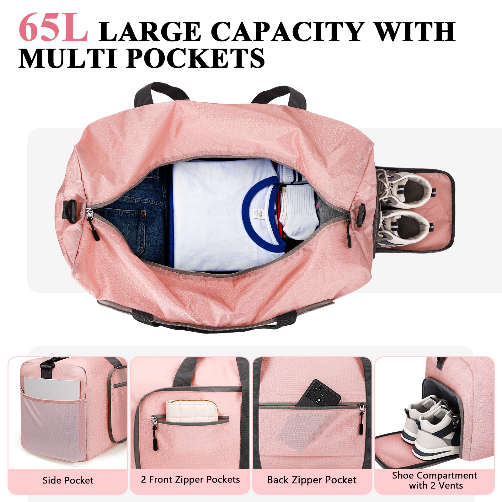 Cshidworld 65L Foldable Duffel Bag Pink Waterproof photo 4