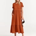 thumbnail image 2 of B91xZ Robe Midi Décontractée à Manches Courtes pour Femmes 2024, Col Rond, Taille Haute, Maxi Robe Fluide à Volants, Orange S, 2 of 5