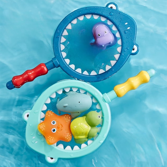 Juego de Pesca con Red de Pesca, Tiburones y Animales Que Cambian de Color Al Apretarlos y Rociarlos | Set de 5 Juguetes de Plástico para El Baño | Multicolor, 28 X 14,5 Cm | Focas, Tiburones, Tortug
