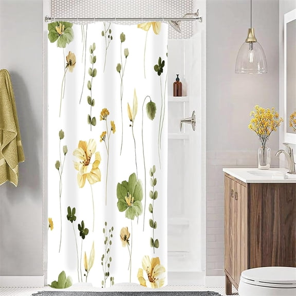 JANS.NO1 Watercolor Floral Shower Curtain, Sage Green Beige Flower Shower Curtain for Bathroom, Modern Minimalist White Waterproof Fabric Shower Curtain Set with Hooks 29in*37in