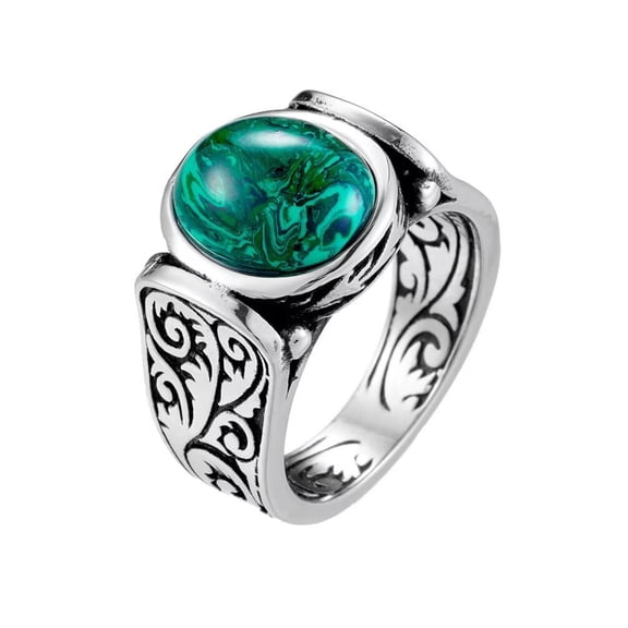 PAMTIER Men's Stainless Steel Vintage Personality Unique Family Tree of Life Pattern Carved Green Gemstone Biker Ring Silver Size 10