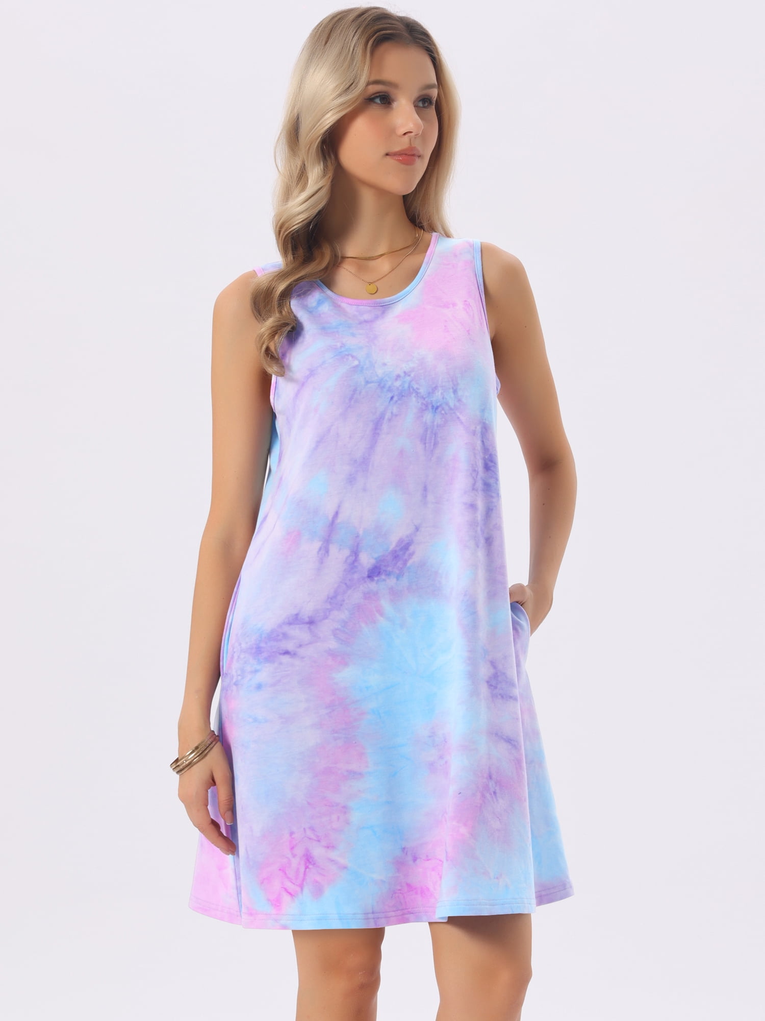 DARING DIVA Tie Dye Tank Dress Sleeveless Pockets Dress Large Tie Dye Purple