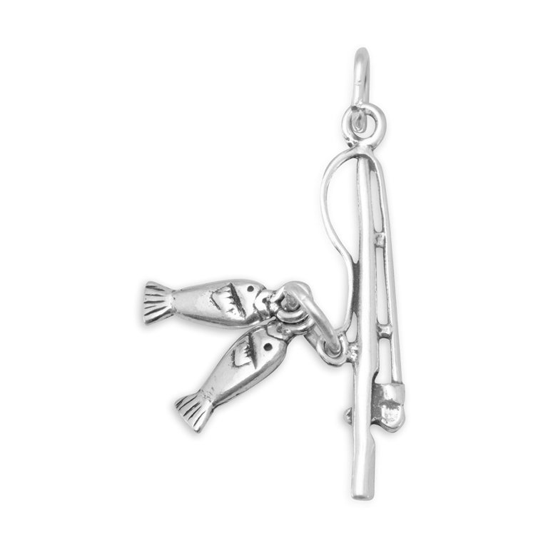 Sterling Silver Fishing Pole With 2 Fish Charm 