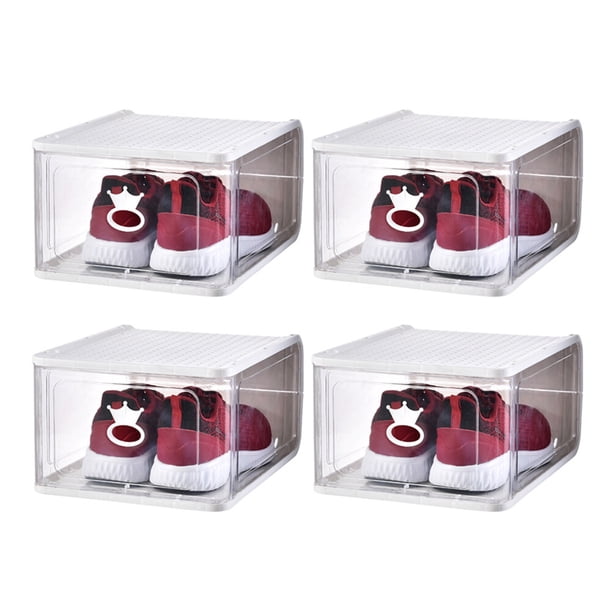 4 cajas de zapatos desmontables, transparentes, apilables y de plástico, organizador de zapatos a prueba de polvo para el hogar y el dormitorio (tamaño grande, blanco).
