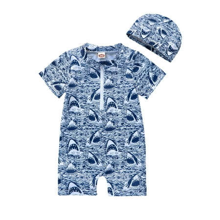 

Baby Boys Summer Swimsuits Short Sleeve Shark Print Zipper Swimsuits Bathing Suit with Hat
