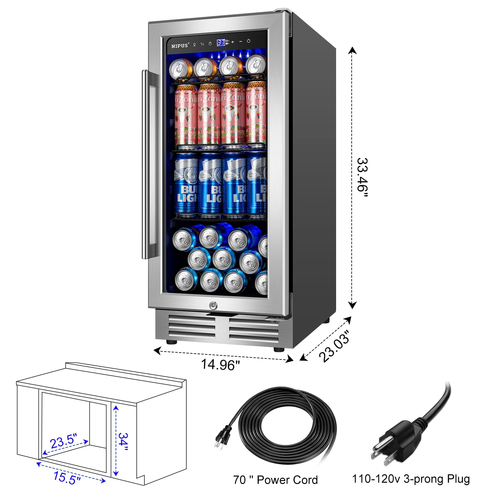 Nipus 15 inch 130 Can Beverage Fridge,Freestanding Built-in Wine Cooler with Glass Door