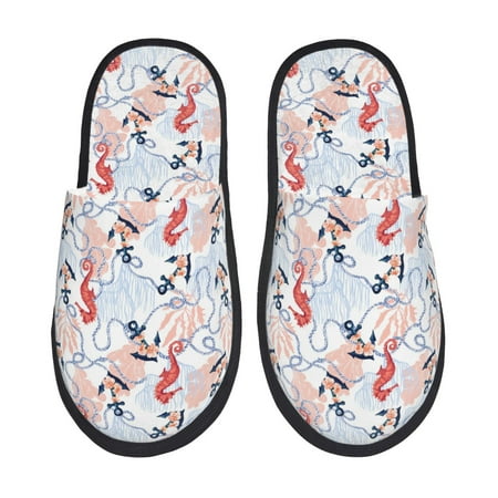 Balery Sea Horse And Corals Slient Indoor Furry Fleece Comfort House Shoes Soft Non-Slip Home Shoes Cotton slippers House Slippers-- Medium