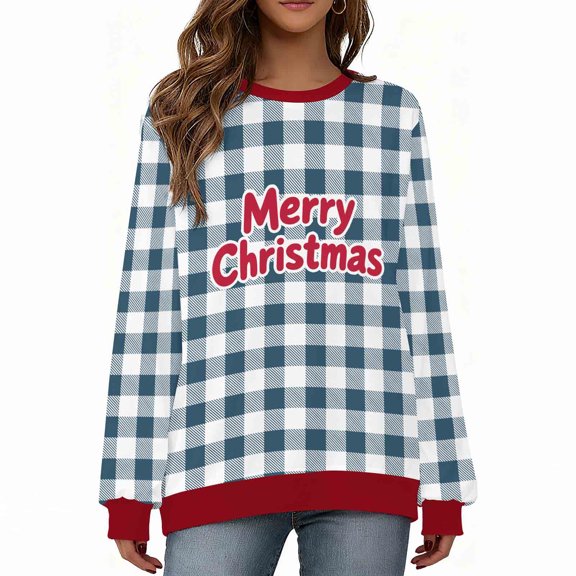 Maplenight Women's Christmas Sweatshirts Letter Printed Plaid Crew Neck Sweatshirt Long Sleeve Regular Fit Casual Pullover Womens Tops