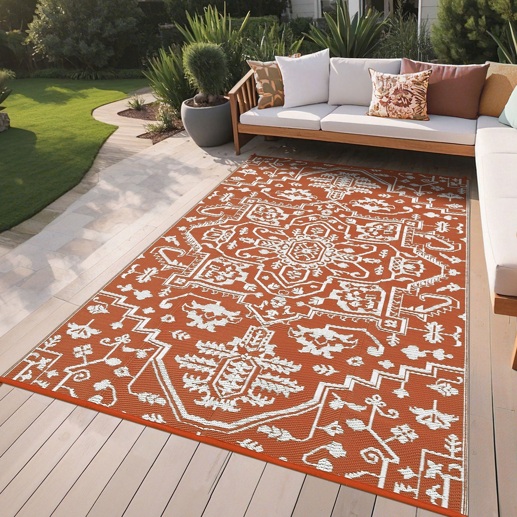 FairOnly 9'x12'Vintage Reversible Outdoor Area Rug Stain Resistant Carprt for Beach Picnic