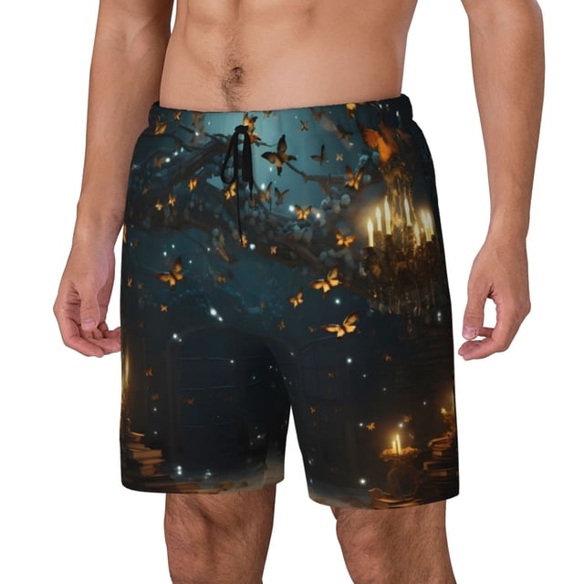 Disketp Magical Library Butterfly Night for Men's Double Layer Sports Swim Trunks,Stretchy Swim Trunks,Perfect for Swimming, Beach & Sports Activities-3X-Large