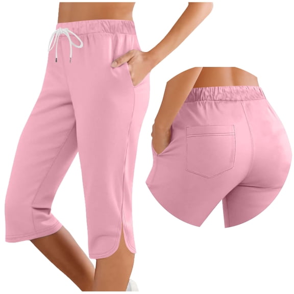 Capri Pants for Women High Waist Drawstring Cropped Trousers Split Side Knee Length Athletic Pant with Pockets