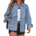 thumbnail image 2 of Women's turn Down Collar Solid Color Casual Denim Jacket with Open Front Daily Wear, 2 of 8