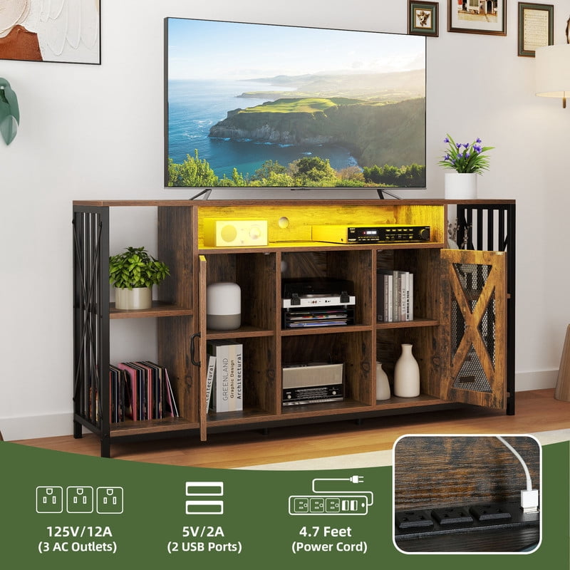 Uforic LED TV Stand for 70/65 Inch TV, Large Media Console Cabinet with Power Outlets, Rustic Brown
