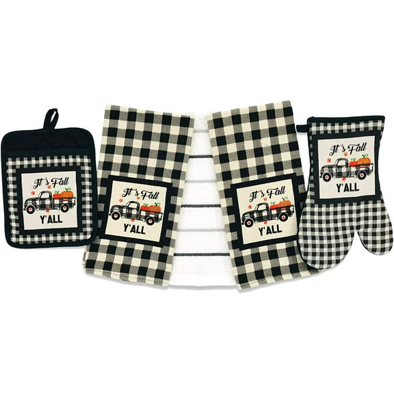 Serafina Home Farmhouse Black White Check Kitchen Towels and Pot Holder Set: Country Pumpkin Truck Welcoming Fall, 2 Woven Faux Burlap Towels with Matching 1 Pot Holder and 1 Oven Mitt
