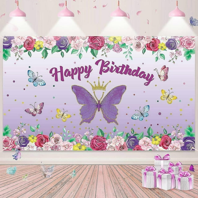 Butterfly Happy Birthday Banner, Purple Butterfly Decorations for Girl Women Butterfly Backdrop for Baby Shower and Fairy Birthday Decorations, Butter