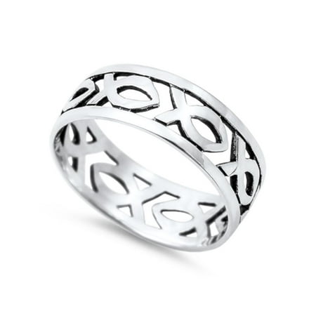 Christian Ichthus Ring Sterling Silver 925 Thin Band with Gift Box