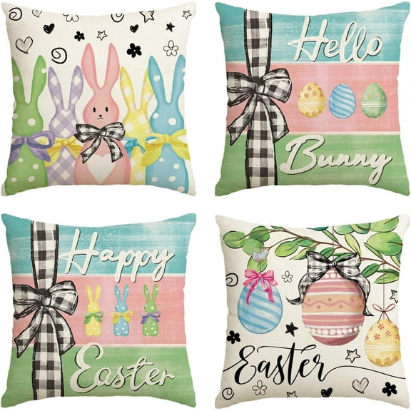 hofaaa Happy Easter Bunny Eggs Colorful Throw Pillow Cover, 18 x 18 Inch Happy Easter Stripes Cushion Case Decoration for Sofa Couch Set of 4