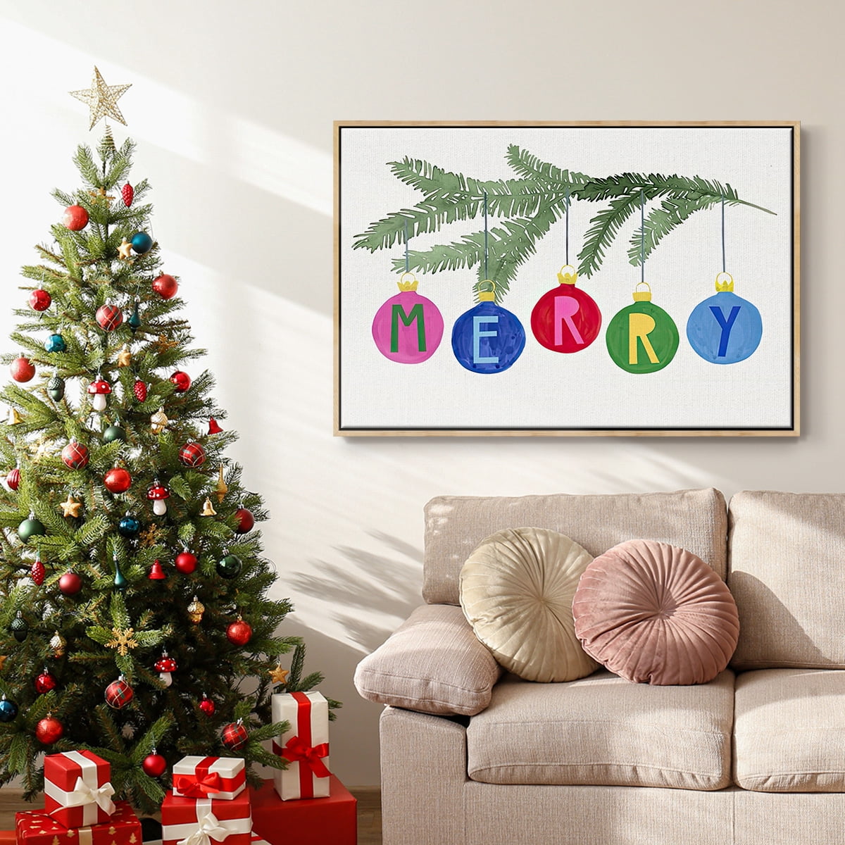 Colorful Christmas Collection A - Framed Gallery Wrapped Holiday Canvas - 25 x 37 - Natural Wood Frame