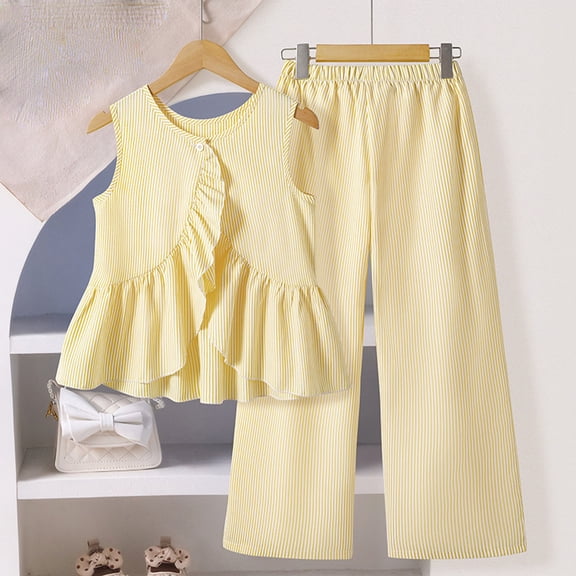 Swuxness Girls Casual 2 Piece Sets, Girls' Sleeveless Tops Long Pants, Summer Fashion Tank T Shirts Wide-Leg Pants Outfit Sets for Toddler Yellow, 12-13 Years