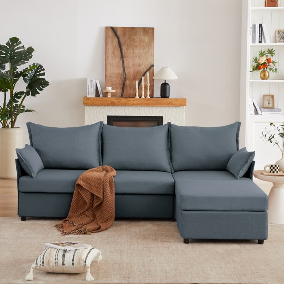 Gewnee 93.7” Modular Deep Seat Sectional Deep Seat Sofa with Ottoman & Chaise, L-Shaped 3-Seat Couch for Living Room(Gray)