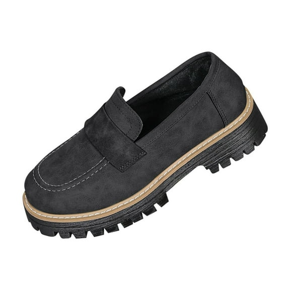 Black Chunky Heel Loafers For Women, Frosted Exterior, Round Toe Design, Comfortable For All-Day Wear, Perfect For Casual Use
