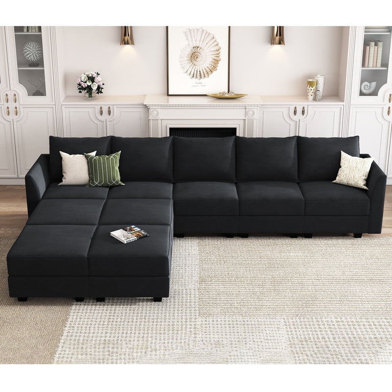 HONBAY Modern Sectional Sofa L/U Shaped Sofa Bed in Black