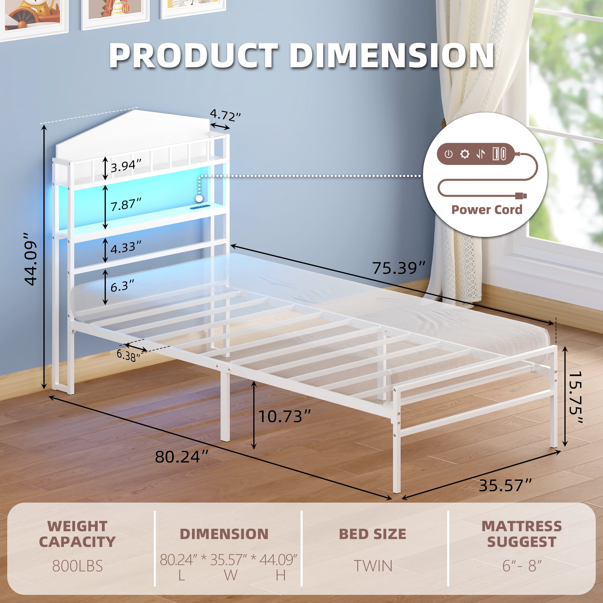 Yoneston Kids Twin Bed with 2 -Tier LED Storage Headboard & Charging Station, House-Shaped Platform Metal Bed Frame for Boys Girls Teens, White