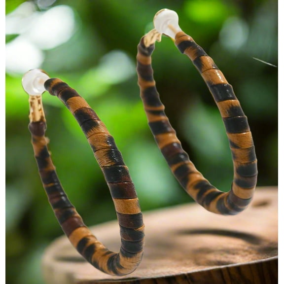 Clip on 2 3/4" gold and brown animal print PU leather hoop earrings