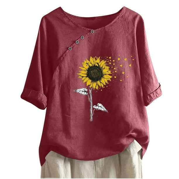 Blusas de Manga Corta para las Mujeres Impresas Cuello Redondo Camiseta Casual, Blusa de Algodón de Imitación para las Mujeres