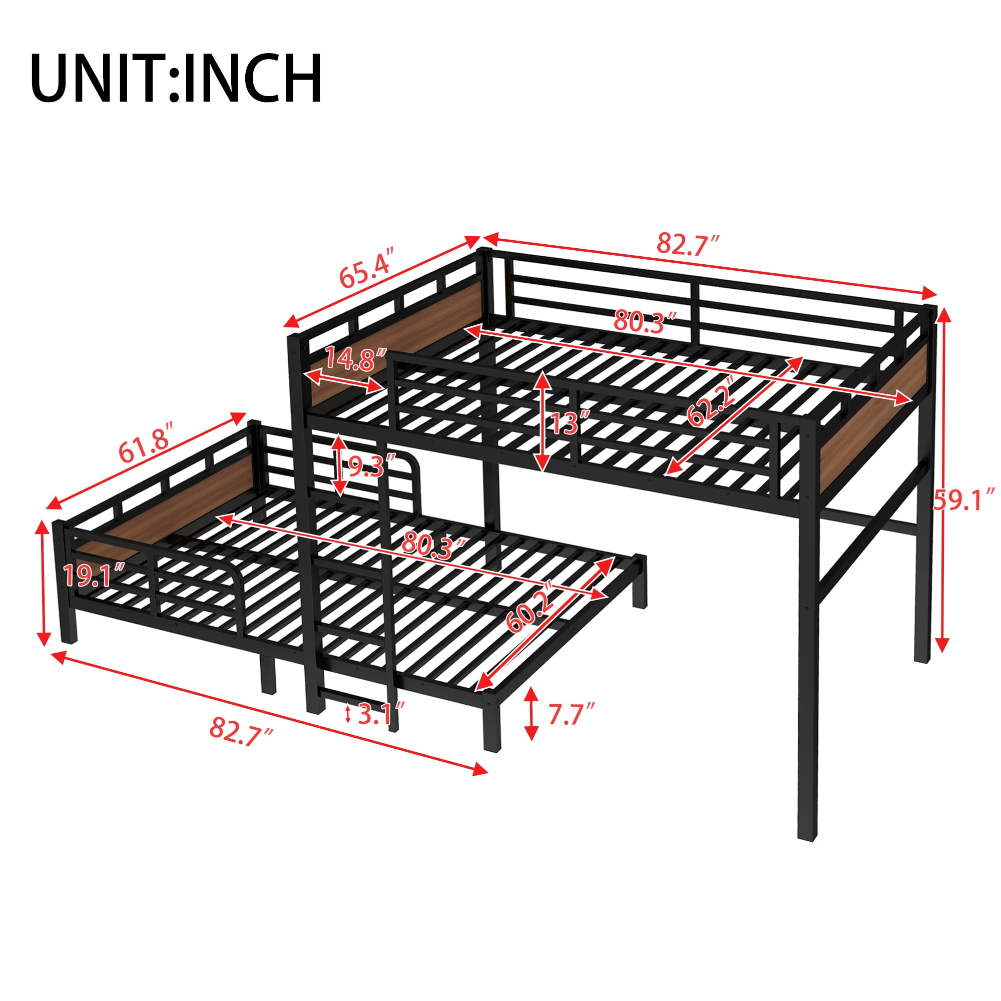 Mintazer Queen Over Queen Metal Bunk Bed, Convertible to 2 Separate Beds, Separable Bunk Bed Frame with Guardrails for Teens Adults, Black & Brown