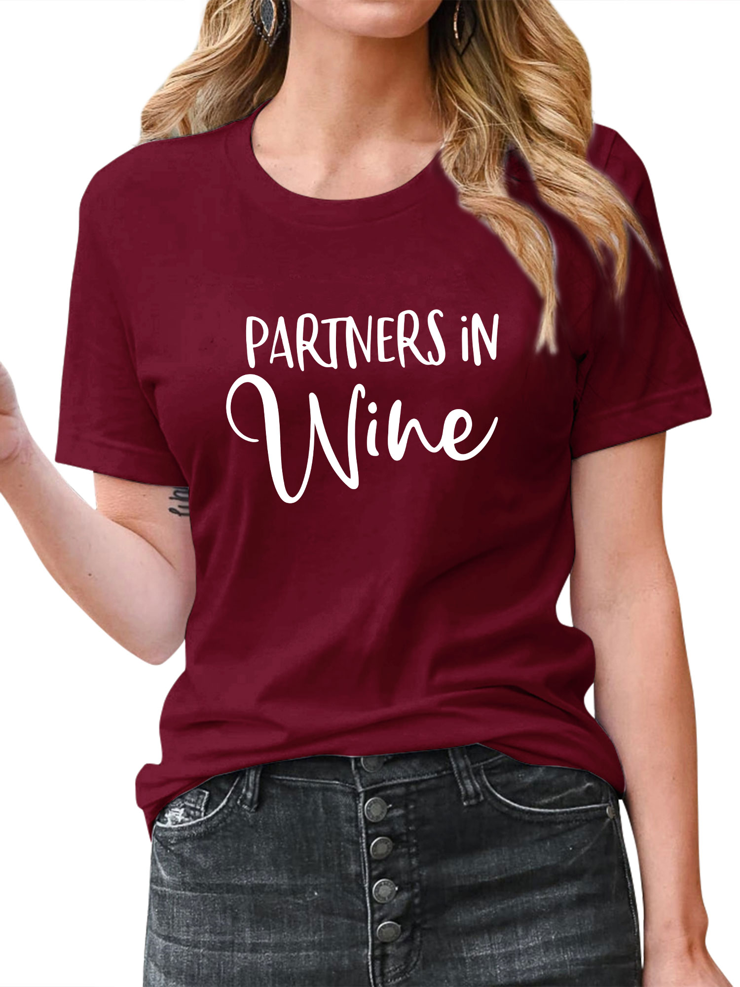 Women Partners In Wine Letter Crew Neck Sleeve T-Shirt - Walmart.com