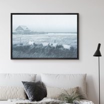 PixonSign Framed Canvas Print Wall Art Country Landscape with Farm on Horizon Animals Wilderness Illustrations Modern Art Rustic Relax/Calm Blue Duotone for Living Room, Bedroom, Office - 24"x36"