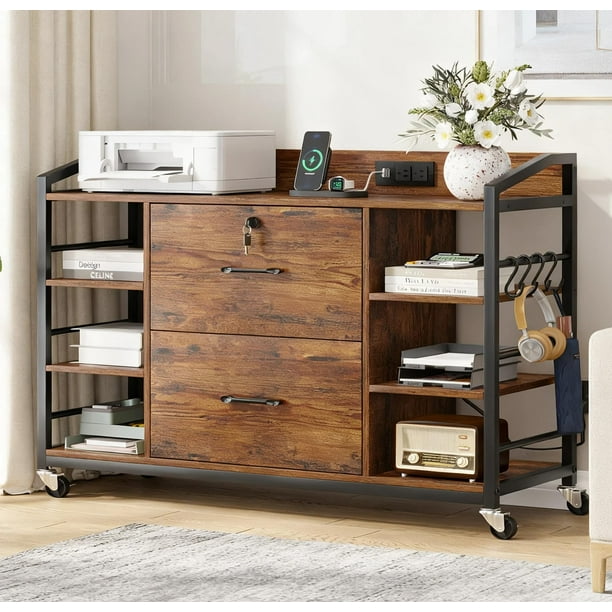 Archivero,Archivero con Llave con 2 cajones,Credenza y 6 Compartimentos Abiertos para Tamaño Carta A4, Soporte de Impresora para Oficina en Casa ,110 * 40 * 75CM (Marrón)