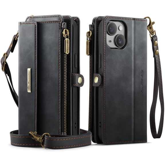 Corliven for iPhone 13 Case, PU Leather Flip Wallet Cover with Card and Cash Slots, Shock Protection and Wrist Strap, Black