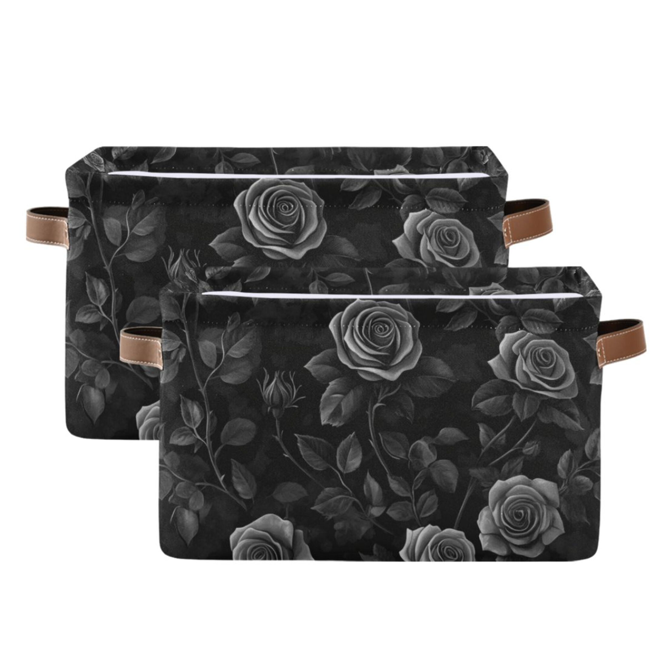 WOBOGO Black Rose Square Storage Basket with Waterproof Canvas and PE Lining Durable PU Leather Handles 14.2×10.2×8.3in