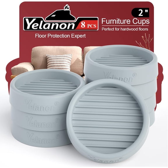 Furniture Coasters 8-Pack - 2” Round Non-Slip Caster Cups, Rubber Floor Protectors for Hardwood Floors, Anti-Skid Grippers for Bed, Couch & Chair Legs - Gray