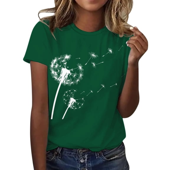 Holzkary Women's Floral T-Shirts Crew Neck Dandelion Sun Flower Graphic Casual Tee Boho Tops Cute Wildflowers Shirts Summer Round Neck Dandelion Print Loose Short Sleeved T Shirt Blackish Green L