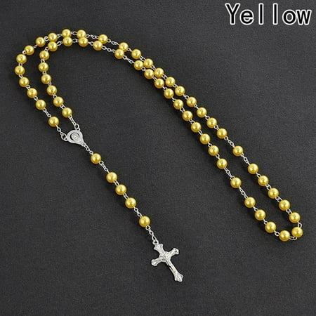 KABOER Imitation Pearl Cross Rosary Long Christian Necklace