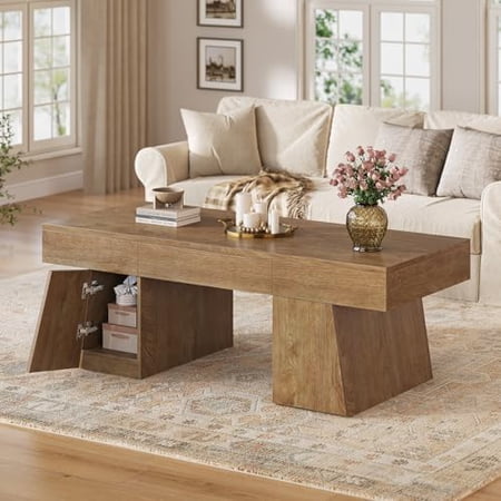 47 Inches Coffee Table with Storage, Wood Mid Century Modern Center Table with Hidden Drawer & Cabinet, Rectangle Coffee Tables for Living Room, Rustic Low Cocktail Tea Furniture Oak$$Furniture