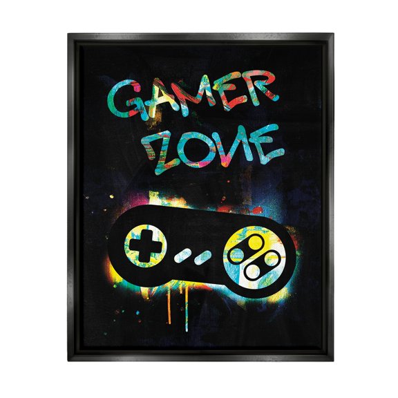 Stupell Industries Gamer Zone Vintage Controller Neon Paint Splatter Graphic Art Jet Black Floating Framed Canvas Print Wall Art, Design by Victoria Barnes