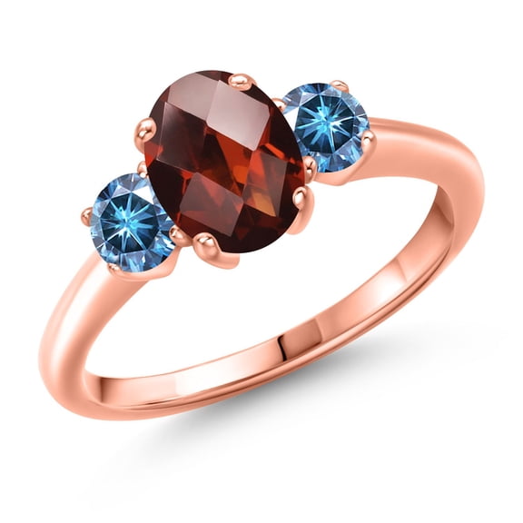 Gem Stone King 18K Rose Gold Plated Silver Ring Oval/Checkerboard Red Garnet and Vivid Persian Blue Moissanite (1.99 Cttw, Size 6)