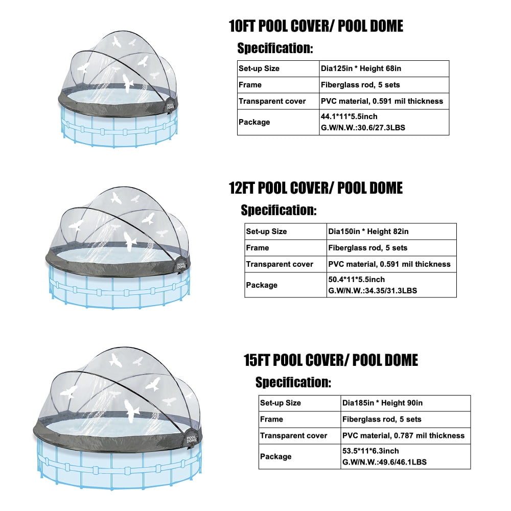 12ft Round Pool Dome Enclosure, All Weather Cover for Outdoor Pools, Compatible Warm Water Frame Pools
