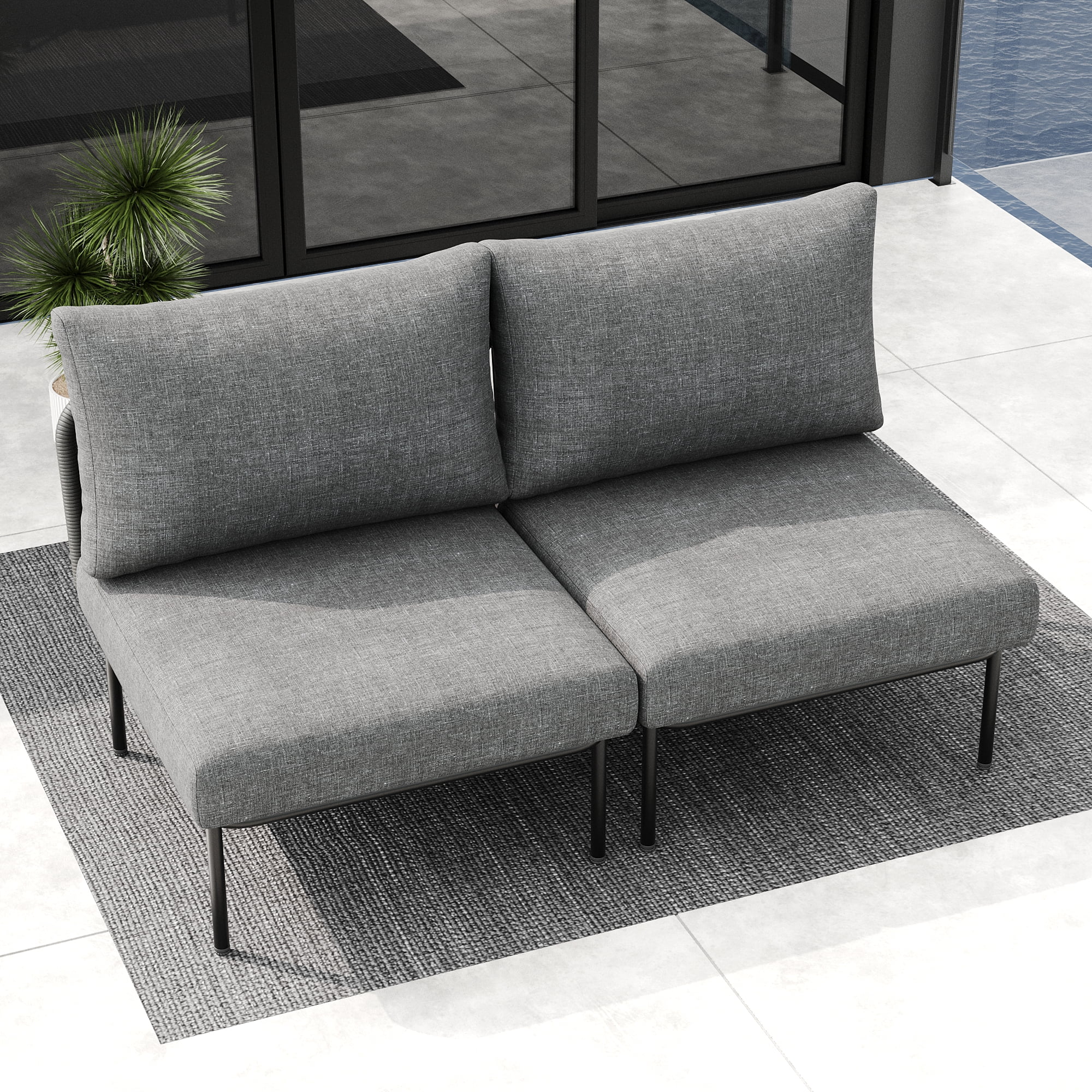 LayinSun 2 Pieces Aluminum Patio Furniture Set, Modern Modular Sectional Middle Chairs and Upgrade Thickness Cushion