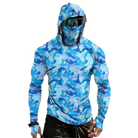 GrmtClth Fishing Shirts for Men Basic Solid Color Quick Dry Long Sleeve Lightweight Hoodies with Face Mask Upf 50 Sun Protection Tops Blue 4XL