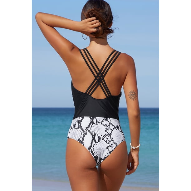 ABPHQTO Traje de baño de una pieza con escote en V de patchwork de malla negra con estampado de piel de serpiente para mujer