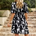 thumbnail image 4 of QUYUON Cocktail Dresses for Women Evening Party Knee Length Dresses Summer Casual Printed Puffy Short Sleeve V-Neck Beach Sundress Elastic Waist Pleated A-Line Wedding Dress Style D-3453 Black XL, 4 of 5