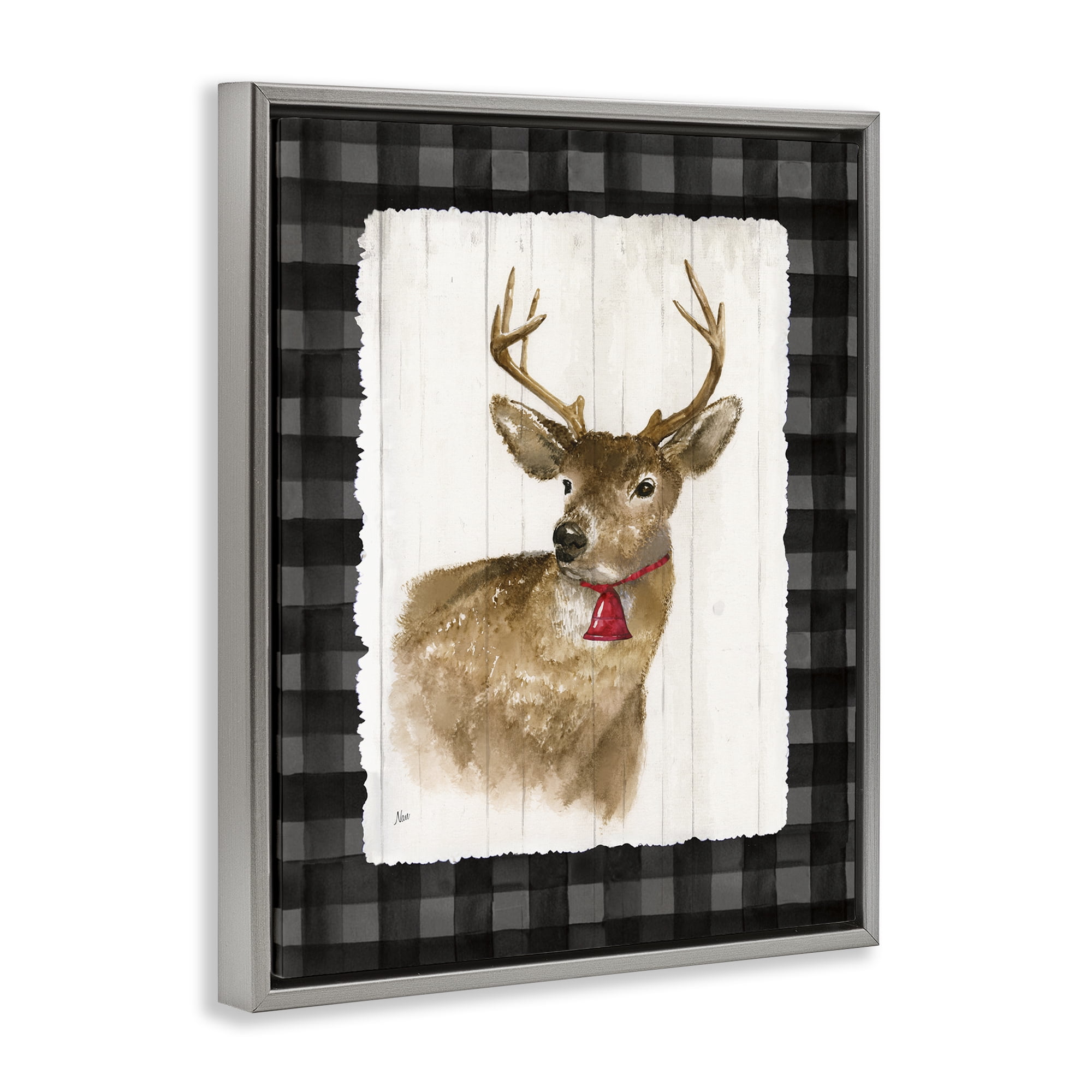 Stupell Industries Deer with Red Bell Animals & Insects Painting Gray Floater Framed Canvas Art Prints Wall Art, 17 x 21