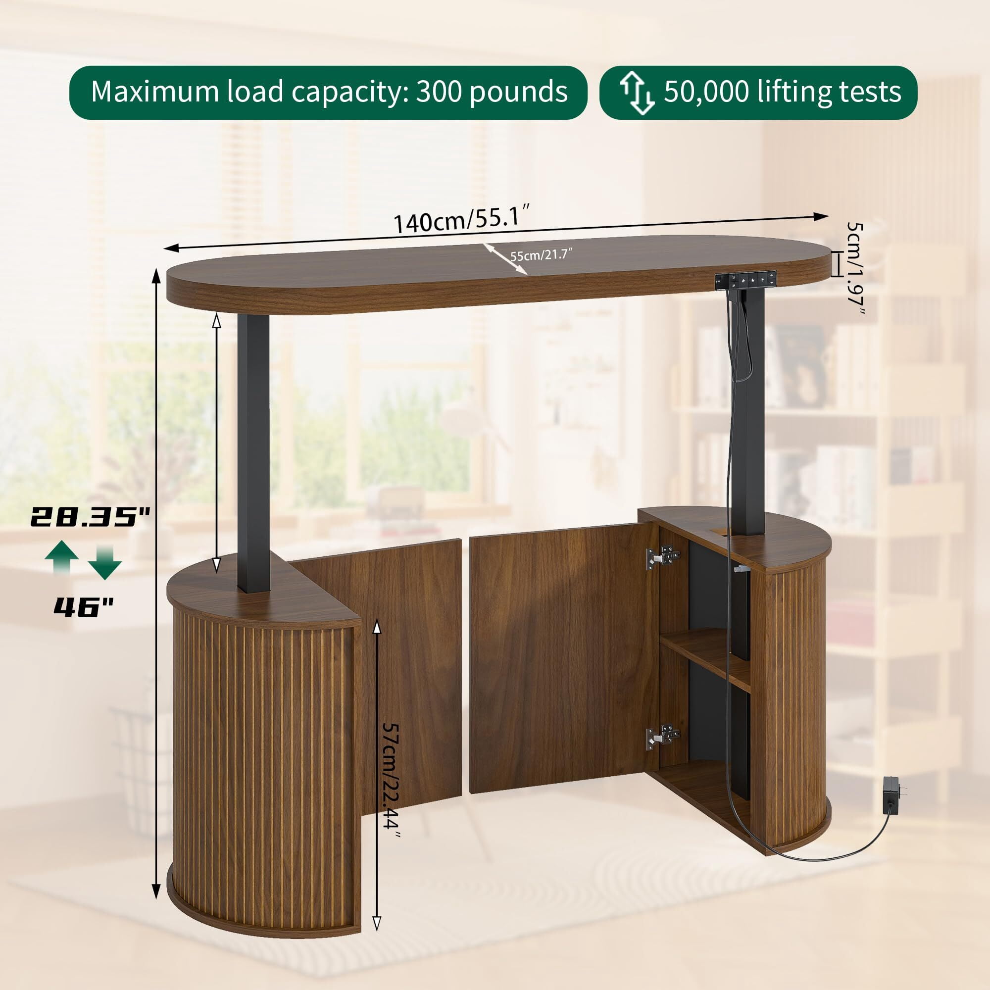 Mid Century Modern Electric Standing Desk with Storage, 55x22 Small Sit Stand Adjustable Height Computer Desk for Home Office