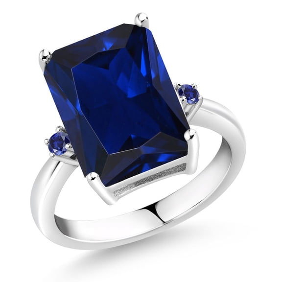 Gem Stone King 925 Sterling Silver Blue Created Sapphire Ring for Women (10.09 Cttw, Emerald Cut 14x10MM, Gemstone September Birthstone, Size 8)