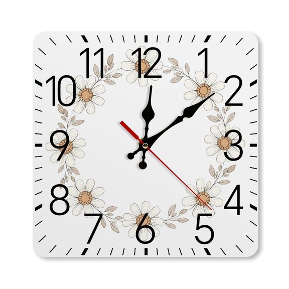 RKSupls 10×10inch Square Silent Wall Clock Wooden Frame, Daisy Wreath Circle Scale Decorative Clock for Home Bedroom Living Room Office